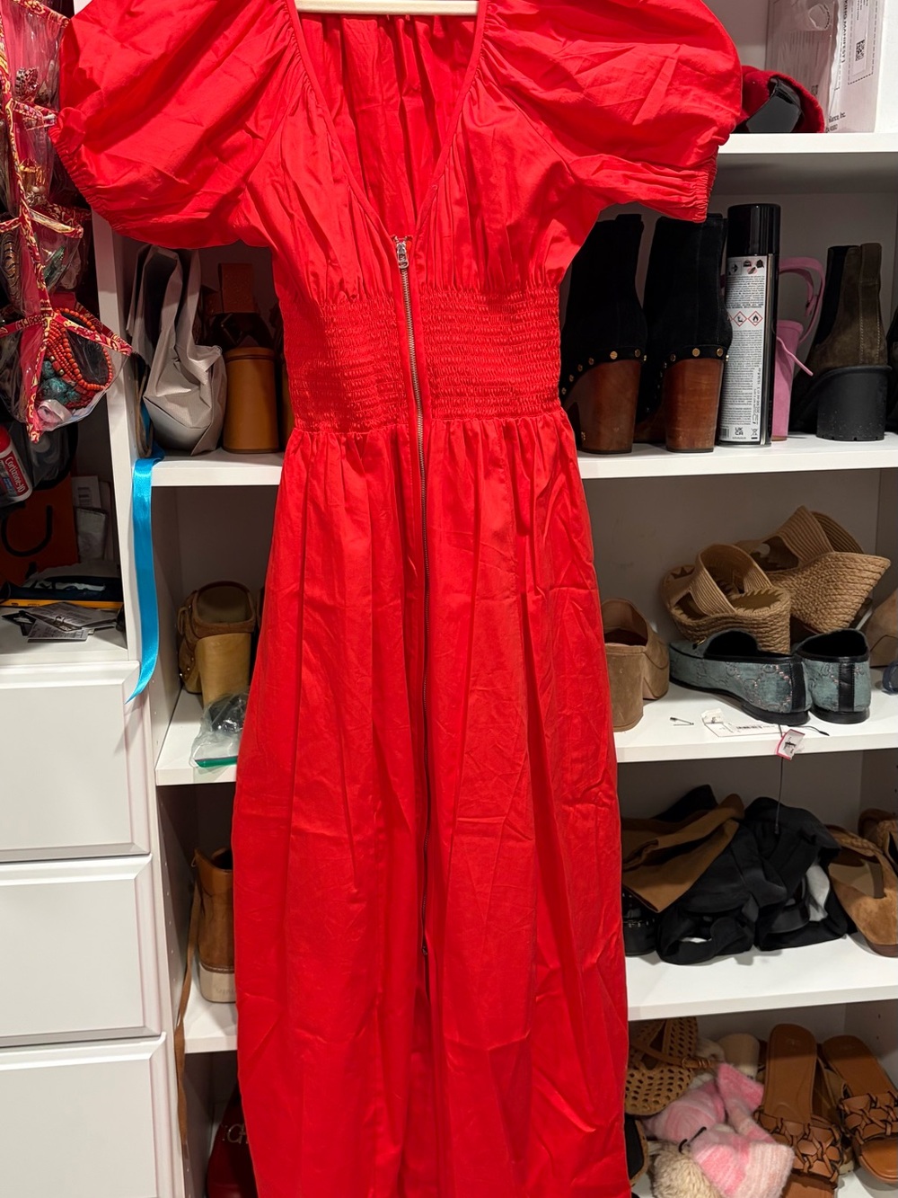 La Ligne Red Puff-Sleeve Maxi Dress with Front Zip